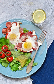 Good morning! Breakfast fried eggs with sausage and pepper. View from above