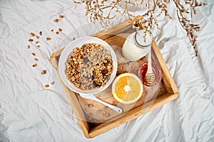 Good morning. Breakfast on white bed sheets