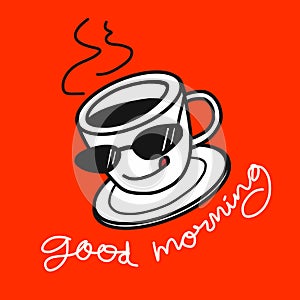 Good morning coffee cartoon illustration on orange background