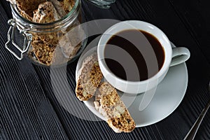 Good morning concept - cup espresso coffee with cantucci almond