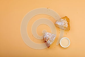 Good morning concept. Fresh croissants with cream filling and almond flakes. Sweet dessert