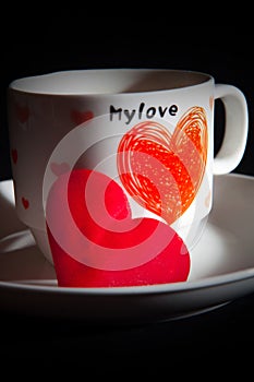 Good morning. Cup of coffee, red heart. Romantic breakfast. Valentine`s Day