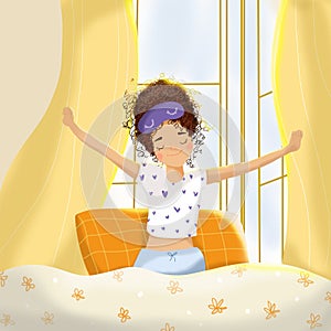 Good morning. Cute illustration of a girl squirming on the bed. Sunlight