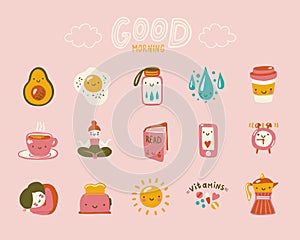 Good Morning Cute Positive Icons Set