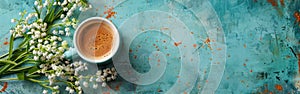 Good Morning Delight: Coffee Mug, Lily of the Valley Bouquet, and Vintage Card on Turquoise Rustic Table - Top View Flat Lay