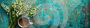 Good Morning Delight: Coffee Mug, Lily of the Valley Bouquet, and Vintage Card on Turquoise Rustic Table - Top View Flat Lay