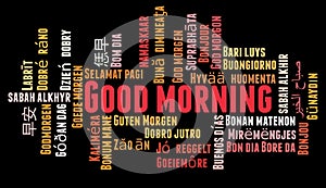 Good morning in different languages word cloud concept on black