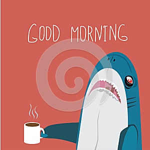 Good morning. Funny shalk with cups of coffee glasses, vector illustration.