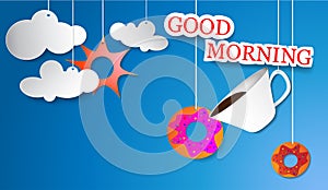 Good morning. Greeting card. Coffee cup with donuts. Vector illustration.