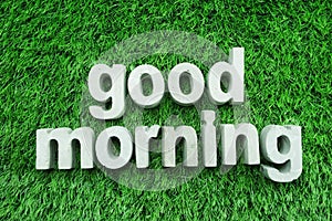 Good Morning made from concrete alphabet on green grass