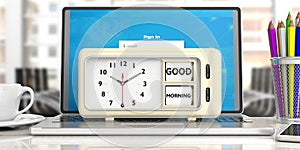 Good morning message on retro alarm clock on computer, office background. 3d illustration.
