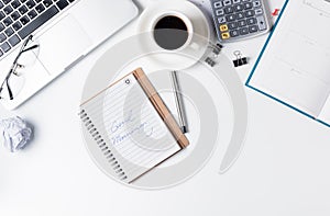 Good Morning, Modern white office desk table with laptop.