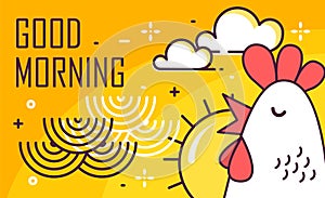 Good Morning poster with rooster, sun and waves on yellow background. Thin line flat design. Vector