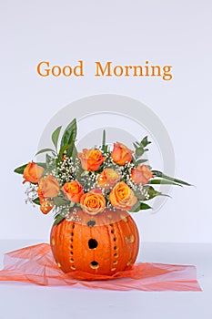 Good Morning with pumpkins and roses 