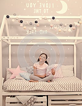 Good morning. Sweet dreams. Fashion pajamas. My bedroom my rules. Cute cozy bedroom for small girl. Girl relaxing