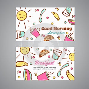 Good Morning text. Breakfast slogan. Cafe, bakery concept business card. Coffeee and tea vector design Line icons vector