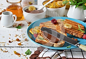 Good morning - toast with walnut, chocolate paste, banana and ho
