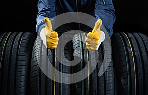 Good new tires concept with a service man fingers up.