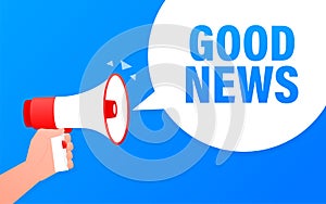 Good News megaphone blue banner in 3D style. Loudspeacker. Vector illustration.