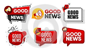 Good News. Megaphone label collection with text. Marketing and promotion. Vector Illustration.