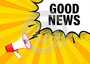 Good News megaphone yellow banner in 3D style. Loudspeacker. Vector illustration.