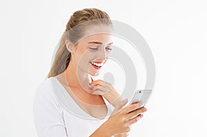 Good news phone. Excited happy girl reading good news on smart phone standing in white transparent background. Young beautiful