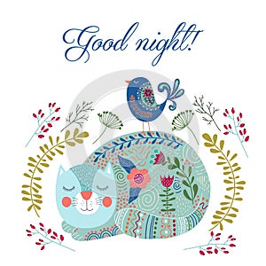 Good night. Art vector colorful illustration with cute cat, bird and flowers