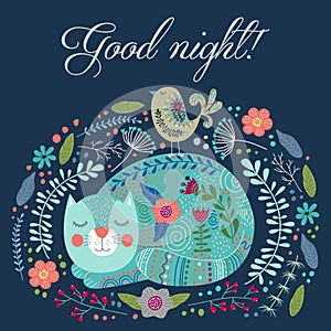 Good night. Art vector colorful illustration with cute cat, bird and flowers