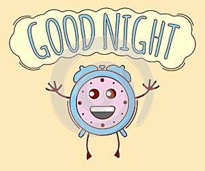 Good Night Banner, Alarm Icon. Cute Character, Concept Label. Cartoon Vector Illustration