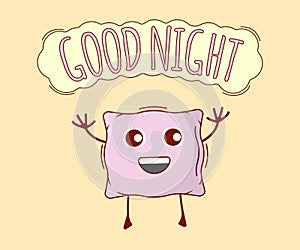 Good Night Banner, Pillow Icon. Cute Character, Concept Label. Cartoon Vector Illustration