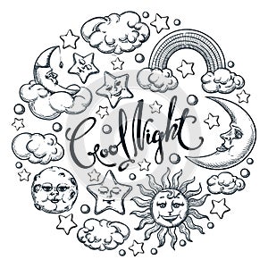 Good night calligraphy lettering poster or label design. Vector sketch illustration of sleeping moon, sun and cluds photo