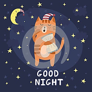 Good night card with a cute sleepy cat