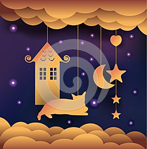 Good night card, paper moon, cat see moon,paper cut style