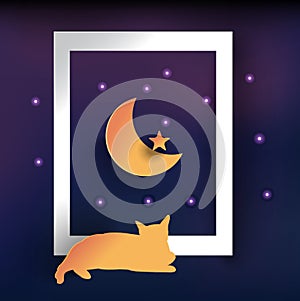 Good night card, paper moon, cat see moon,paper cut style