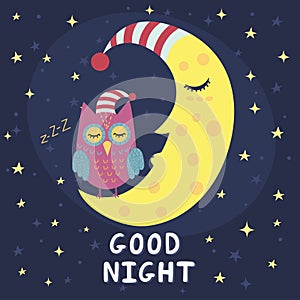 Good night card with sleeping moon and cute owl