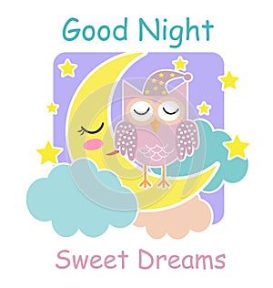 Good night card with a sleeping owl, moon and a clouds. Vector illustration