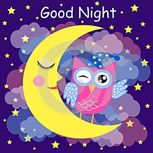 Good night card with a sleeping owl, moon and a clouds. Vector illustration