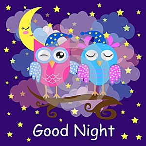 Good night card with a sleeping owls, moon and a clouds. Vector illustration