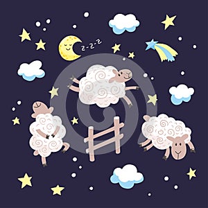 Good night cartoon illustration for kids. Hand drawn cute sheep jumping over the fence in the night sky