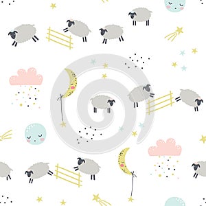 Good night. Childish seamless pattern with sheeps