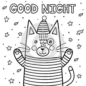 Good night coloring page with a funny cat. Black and white background