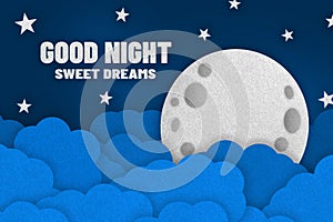 Good Night Concept - 3D Illustration With Moon, Clouds And Stars - Isolated On Dark Blue Background