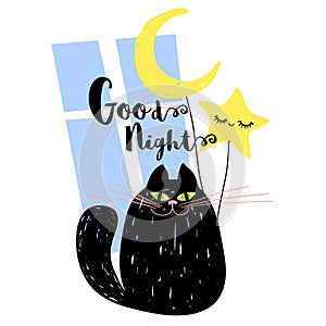 Good night cute smile black cat with moon and cute star. Sketch funny style for card, cover, banner, t shirt.