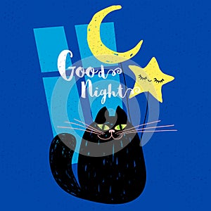Good night cute smile black cat with moon and cute star. Sketch funny style for card, cover, banner, t shirt.