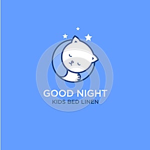 Good night logo. White cat is sleeping. Bed linen emblem.