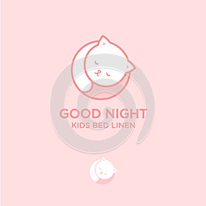 Good night logo. White cat is sleeping. Bed linen emblem.