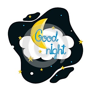 Good night phrase on the background of the night sky with cloud, moon and stars. Cute vector illustration.