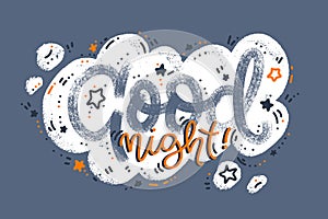 Good night poster. Vector horizontal card. Naive drawing common words banner. Design for stickers, posters, web media