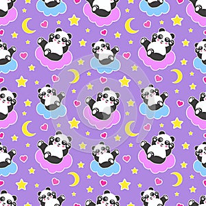 Good Night seamless pattern with cute panda bear, moon, hearts, stars and clouds. Sweet dreams background. Vector