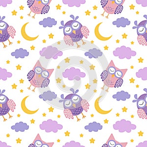 Good Night seamless pattern with cute sleeping owls, moon, stars and clouds. Sweet dreams background